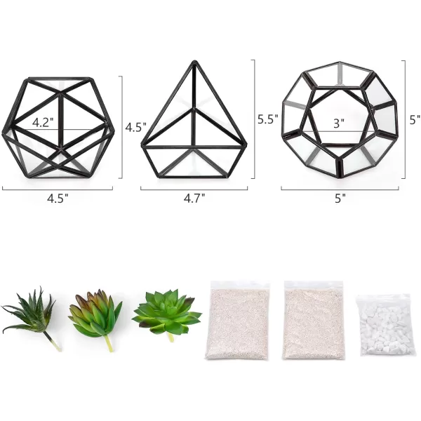 Mkono Artificial Succulent in 3 Pack Mini Glass Geometric Terrarium Miniature Potted Faux Plant Bookshelf Desk Boho Office Room Decor for Women Girls Dorm Gift Idea GoldBlack
