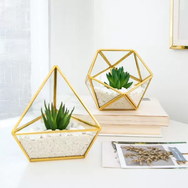 Mkono Artificial Succulent in 3 Pack Mini Glass Geometric Terrarium Miniature Potted Faux Plant Bookshelf Desk Boho Office Room Decor for Women Girls Dorm Gift Idea GoldGold green clear