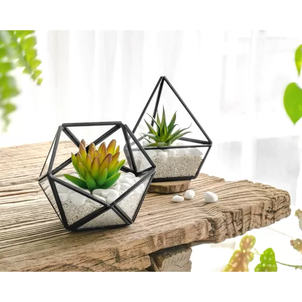 Mkono Artificial Succulent in 3 Pack Mini Glass Geometric Terrarium Miniature Potted Faux Plant Bookshelf Desk Boho Office Room Decor for Women Girls Dorm Gift Idea GoldBlack