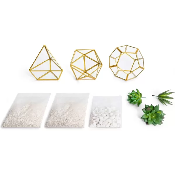 Mkono Artificial Succulent in 3 Pack Mini Glass Geometric Terrarium Miniature Potted Faux Plant Bookshelf Desk Boho Office Room Decor for Women Girls Dorm Gift Idea GoldGold green clear