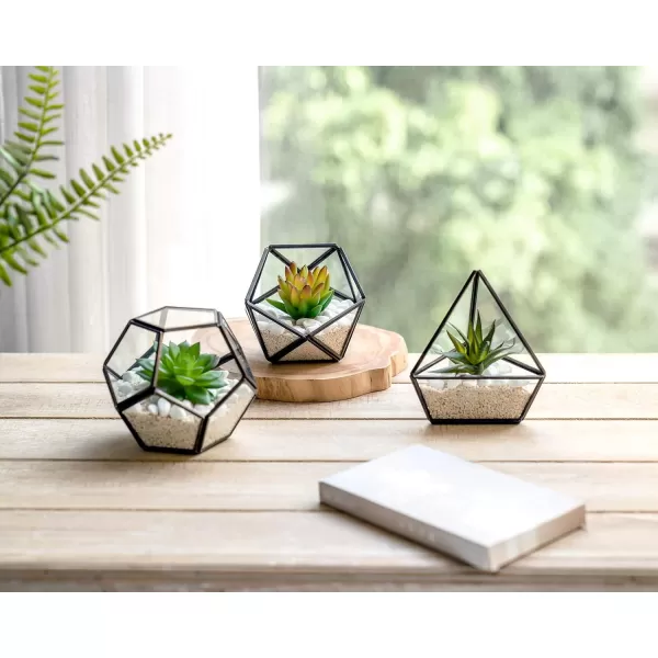 Mkono Artificial Succulent in 3 Pack Mini Glass Geometric Terrarium Miniature Potted Faux Plant Bookshelf Desk Boho Office Room Decor for Women Girls Dorm Gift Idea GoldBlack