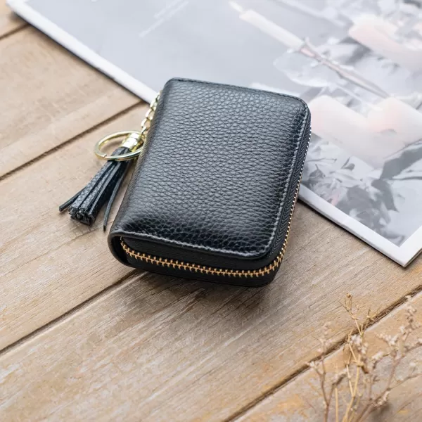 Mkono Credit Card Holder Small RFID Card Wallet with Keychain Zipper and Tassel for Women Slim Leather Card and Money Organizer Case Black