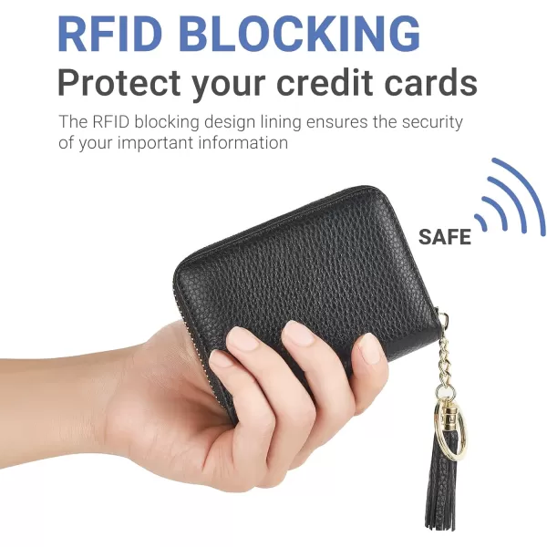 Mkono Credit Card Holder Small RFID Card Wallet with Keychain Zipper and Tassel for Women Slim Leather Card and Money Organizer Case Black