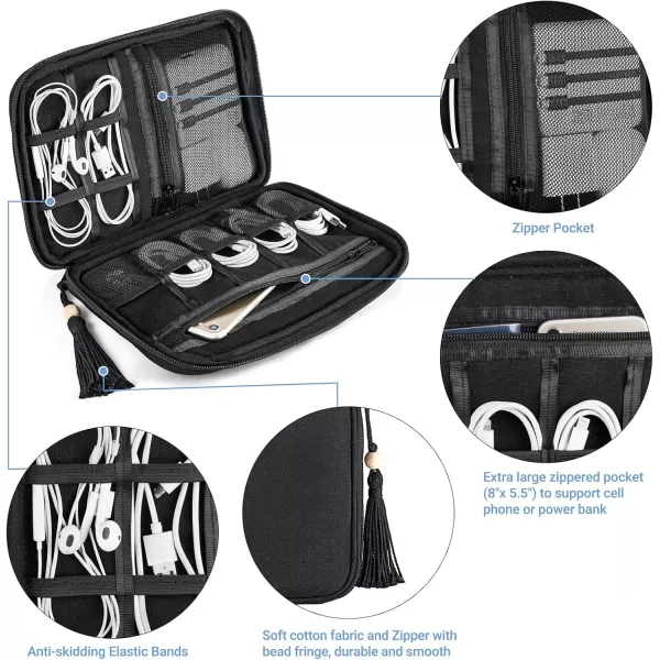 Mkono Electronics Organizer Travel Cable Cord Organizer Cotton Bag Portable AllinOne Accessories Travel Essentials Storage Case with Tassel for Cable Charger Phone USB Pouch for Women WhiteBlack