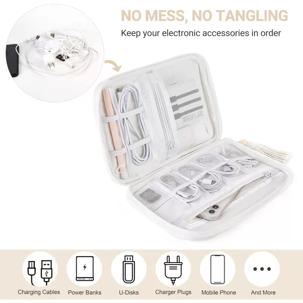 Mkono Electronics Organizer Travel Cable Cord Organizer Cotton Bag Portable AllinOne Accessories Travel Essentials Storage Case with Tassel for Cable Charger Phone USB Pouch for Women WhiteWhite