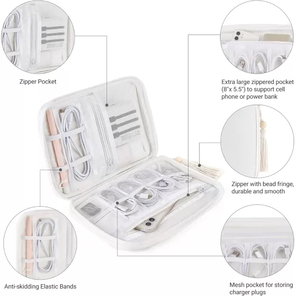 Mkono Electronics Organizer Travel Cable Cord Organizer Cotton Bag Portable AllinOne Accessories Travel Essentials Storage Case with Tassel for Cable Charger Phone USB Pouch for Women WhiteWhite