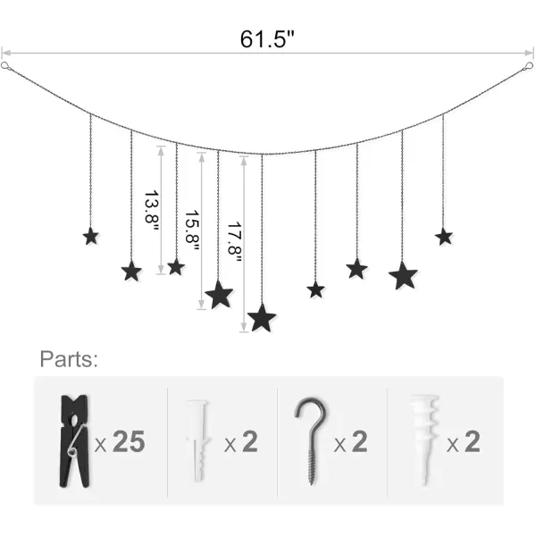 Mkono Hanging Photo Display Boho Decor Wooden Stars Garland with Metal Chains Pictures Cards Holder with 25 Wood Clips Wall Art for Room Bedroom Dorm Teen Girl Gift Ages 12 13 14 Years Old GoldBlack