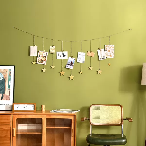 Mkono Hanging Photo Display Boho Decor Wooden Stars Garland with Metal Chains Pictures Cards Holder with 25 Wood Clips Wall Art for Room Bedroom Dorm Teen Girl Gift Ages 12 13 14 Years Old GoldGold