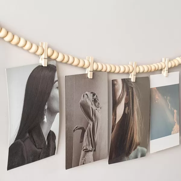 Mkono Hanging Photo Display with Clips Boho Wooden Bead Garland Banner Collage Card Picture Kids Art Holder String with 9 Clips for Bedroom Living Room Dorm Decor Teen Girl Gifts Brown 2 PackBrown