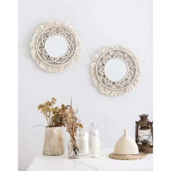 Mkono Hanging Wall Mirror with Macrame Fringe 2 Set Small Round Decoration Boho Antique Mirror for Apartment LivingRoom Bedroom Baby NurseryBeautiful Gift Ideas