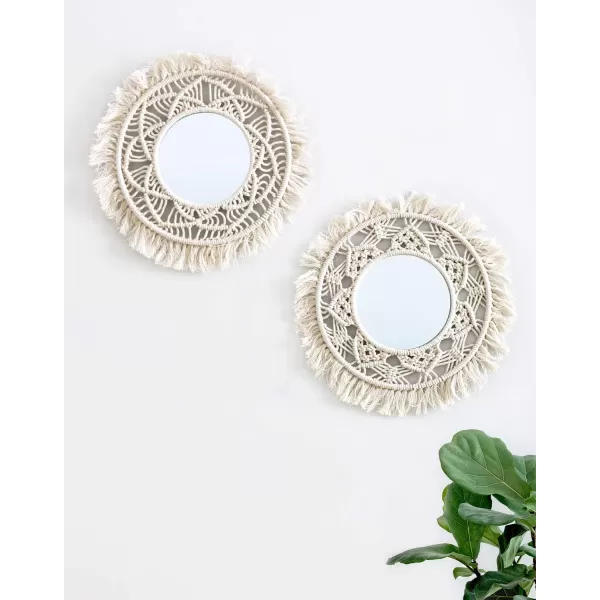 Mkono Hanging Wall Mirror with Macrame Fringe 2 Set Small Round Decoration Boho Antique Mirror for Apartment LivingRoom Bedroom Baby NurseryBeautiful Gift Ideas