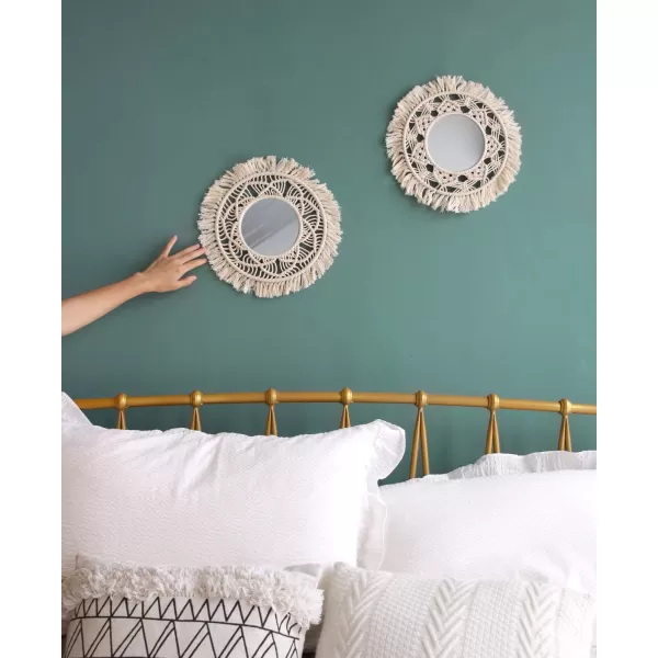 Mkono Hanging Wall Mirror with Macrame Fringe 2 Set Small Round Decoration Boho Antique Mirror for Apartment LivingRoom Bedroom Baby NurseryBeautiful Gift Ideas