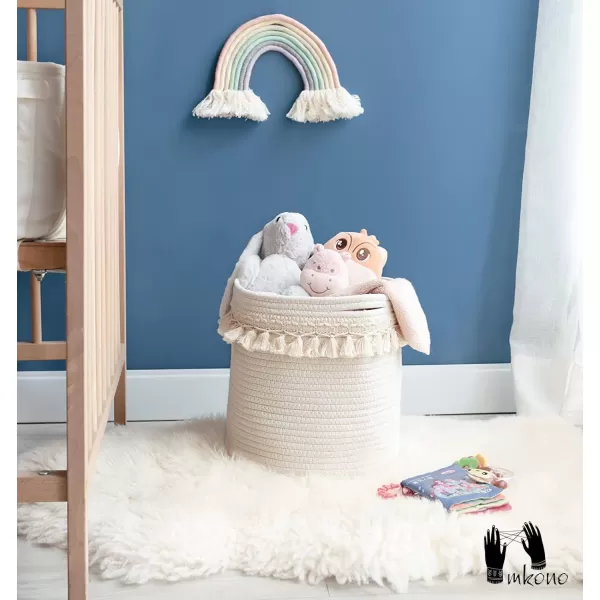 Mkono Macrame Decorative Cotton Rope Basket Boho Nursery Decor Cute Woven Tassel Closet Storage Bins Organizer for Baby ToysDiaper BlanketsMagazinePotted Plants CoverLiving RoomBedroom 15quotx14quot11x11
