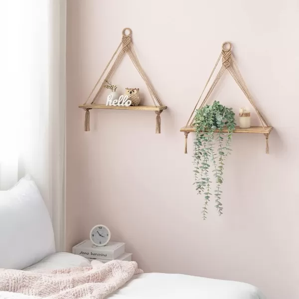 Mkono Macrame Hanging Shelves Boho Wall Decor Set of 2 Rustic Wood Floating Storage Shelf for Bedroom Bathroom Living Room Nursery Dorm Room Display Shelving for Hanging Plants PhotosBrown