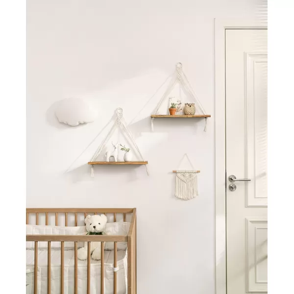 Mkono Macrame Hanging Shelves Boho Wall Decor Set of 2 Rustic Wood Floating Storage Shelf for Bedroom Bathroom Living Room Nursery Dorm Room Display Shelving for Hanging Plants PhotosWhite