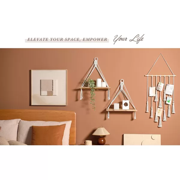 Mkono Macrame Hanging Shelves Boho Wall Decor Set of 2 Rustic Wood Floating Storage Shelf for Bedroom Bathroom Living Room Nursery Dorm Room Display Shelving for Hanging Plants PhotosWhite