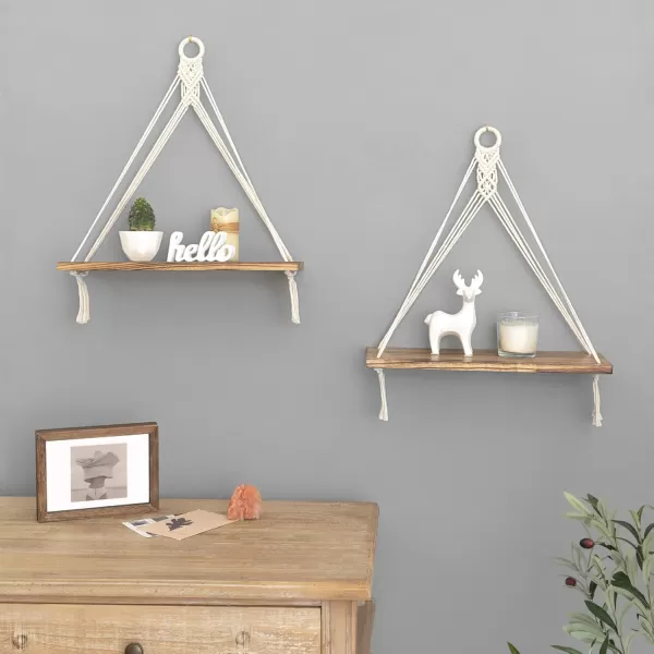Mkono Macrame Hanging Shelves Boho Wall Decor Set of 2 Rustic Wood Floating Storage Shelf for Bedroom Bathroom Living Room Nursery Dorm Room Display Shelving for Hanging Plants PhotosWhite