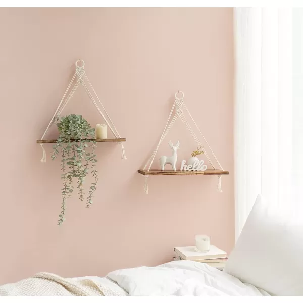 Mkono Macrame Hanging Shelves Boho Wall Decor Set of 2 Rustic Wood Floating Storage Shelf for Bedroom Bathroom Living Room Nursery Dorm Room Display Shelving for Hanging Plants PhotosWhite