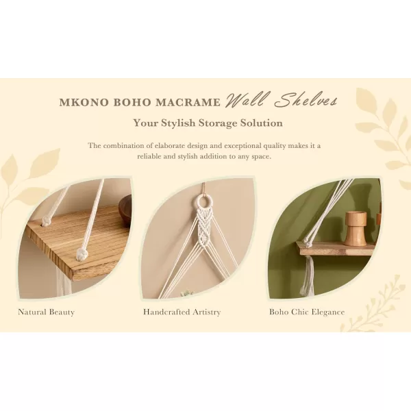 Mkono Macrame Hanging Shelves Boho Wall Decor Set of 2 Rustic Wood Floating Storage Shelf for Bedroom Bathroom Living Room Nursery Dorm Room Display Shelving for Hanging Plants PhotosWhite