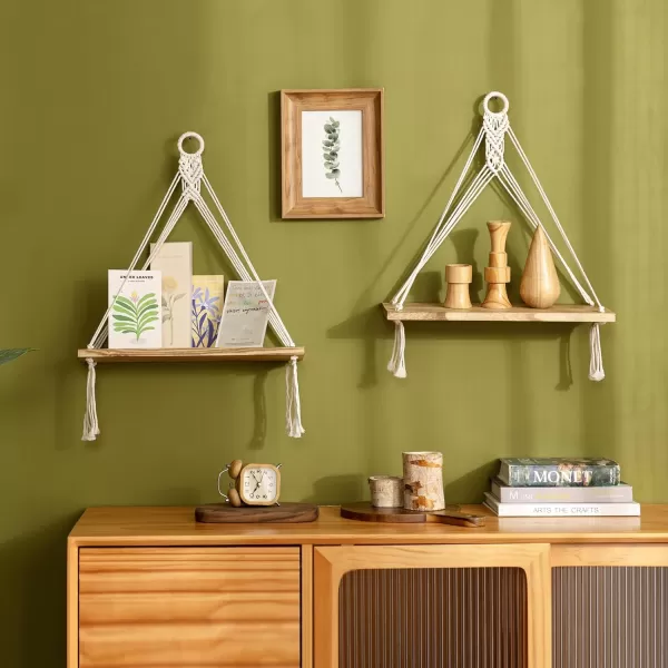 Mkono Macrame Hanging Shelves Boho Wall Decor Set of 2 Rustic Wood Floating Storage Shelf for Bedroom Bathroom Living Room Nursery Dorm Room Display Shelving for Hanging Plants PhotosWhite