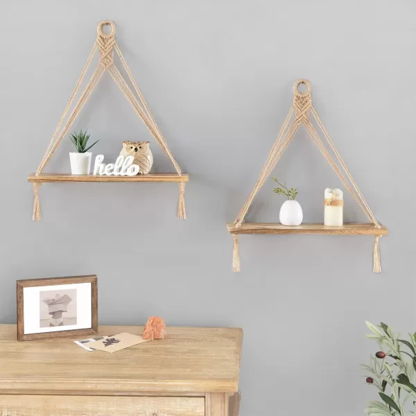 Mkono Macrame Hanging Shelves Boho Wall Decor Set of 2 Rustic Wood Floating Storage Shelf for Bedroom Bathroom Living Room Nursery Dorm Room Display Shelving for Hanging Plants PhotosBrown