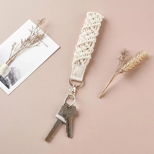 Mkono Macrame Key Chain Cute Keychain Wristlet Lanyard Boho Woven Wrist Lanyard for Keys Key Chains for Car Key ID BadgesBeige