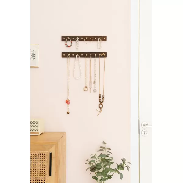 Mkono Necklace Holder Wall Mounted Set of 2 Rustic Wood Necklaces Hanger Jewelry Organizer Hanging with 20 Metal Round Hooks Jewelry Hooks for Necklaces Bracelets Chains KeysWhiteBrown