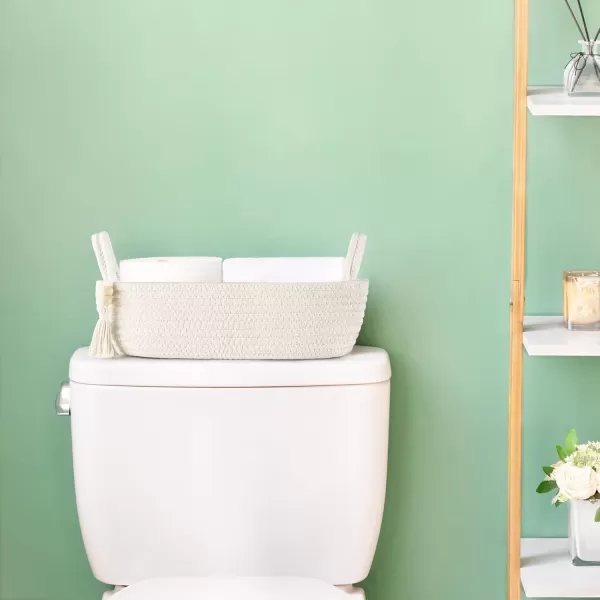 Mkono Small Storage Basket for Toilet Tank Top Boho Bathroom Decor Woven Rope Toilet Paper Tray Back of Toilet Organizer for Shelf Bedroom Living Room Black and White 1 Pack 13quot L x 6quot WWhite