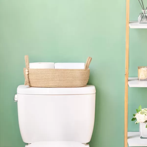 Mkono Small Storage Basket for Toilet Tank Top Boho Bathroom Decor Woven Rope Toilet Paper Tray Back of Toilet Organizer for Shelf Bedroom Living Room Black and White 1 Pack 13quot L x 6quot WBrown