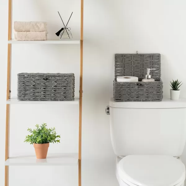 Mkono Storage Baskets Bin with Lid Decorative Paper Rope Handwoven Basket Organizer for Shelves Wardrobe Toilet Tank Top Rectangular Wicker Home Decor Box for Bedroom Living Room Set of 2 Grey