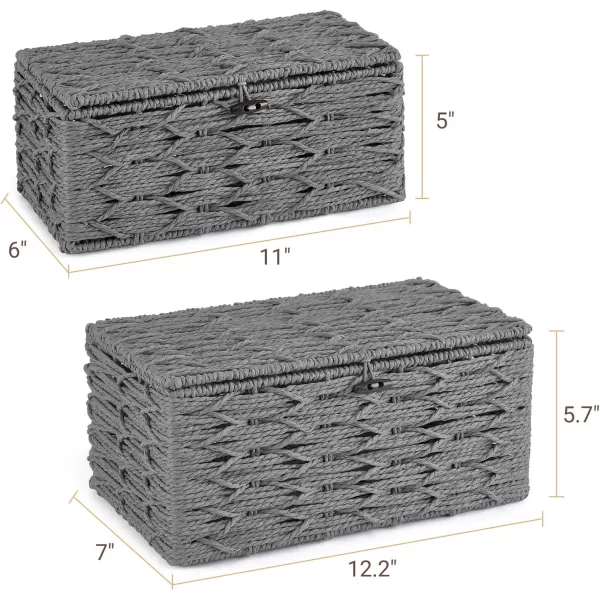 Mkono Storage Baskets Bin with Lid Decorative Paper Rope Handwoven Basket Organizer for Shelves Wardrobe Toilet Tank Top Rectangular Wicker Home Decor Box for Bedroom Living Room Set of 2 Grey