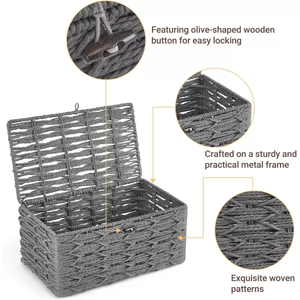 Mkono Storage Baskets Bin with Lid Decorative Paper Rope Handwoven Basket Organizer for Shelves Wardrobe Toilet Tank Top Rectangular Wicker Home Decor Box for Bedroom Living Room Set of 2 Grey