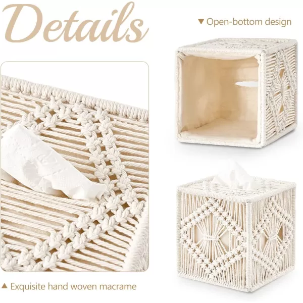 Mkono Tissue Box Cover Macrame Square OpenBottom Tissue Box Holder Boho Decor Tissue Organizer Bohemian Handmade Woven Tissue Cube Box for Bathroom Bedroom Dresser Living Room Office Dorm