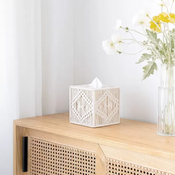 Mkono Tissue Box Cover Macrame Square OpenBottom Tissue Box Holder Boho Decor Tissue Organizer Bohemian Handmade Woven Tissue Cube Box for Bathroom Bedroom Dresser Living Room Office Dorm