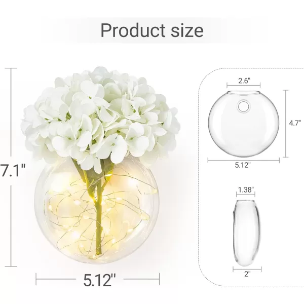 Mkono Wall Decor with White Artificial Hydrangea Flowers and Fairy Light 2 Packs Glass Wall Planter Vase Modern Wall Sconces for Living Room Bedroom Kitchen Home Office Farmhouse Decoration