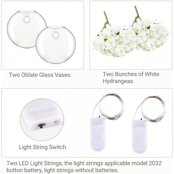 Mkono Wall Decor with White Artificial Hydrangea Flowers and Fairy Light 2 Packs Glass Wall Planter Vase Modern Wall Sconces for Living Room Bedroom Kitchen Home Office Farmhouse Decoration