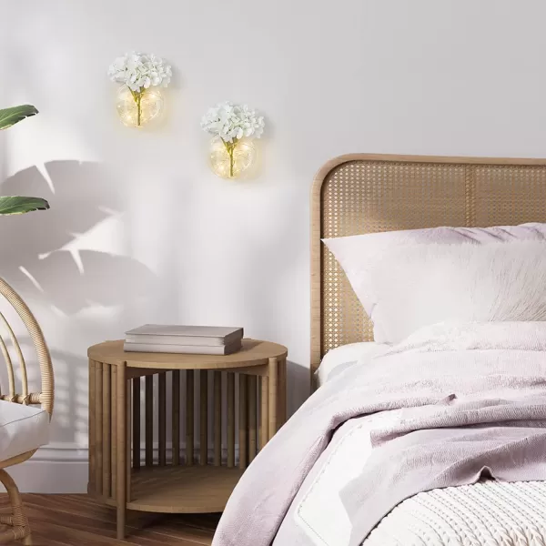 Mkono Wall Decor with White Artificial Hydrangea Flowers and Fairy Light 2 Packs Glass Wall Planter Vase Modern Wall Sconces for Living Room Bedroom Kitchen Home Office Farmhouse Decoration