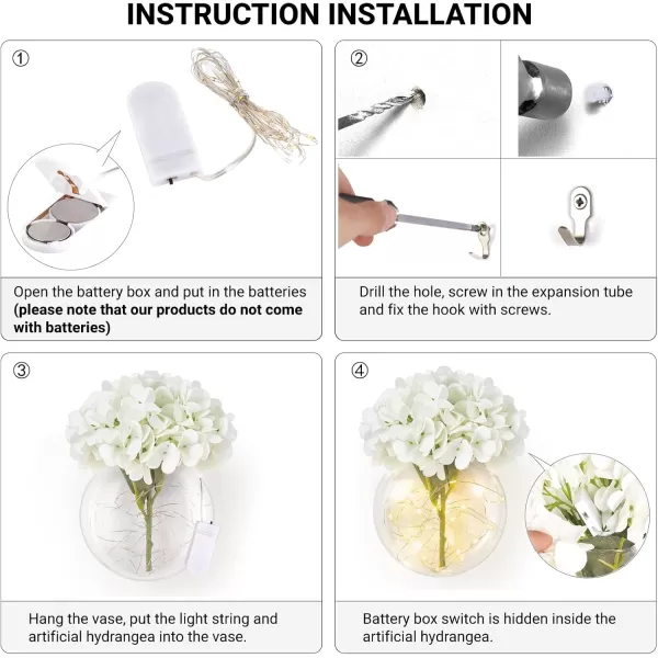 Mkono Wall Decor with White Artificial Hydrangea Flowers and Fairy Light 2 Packs Glass Wall Planter Vase Modern Wall Sconces for Living Room Bedroom Kitchen Home Office Farmhouse Decoration