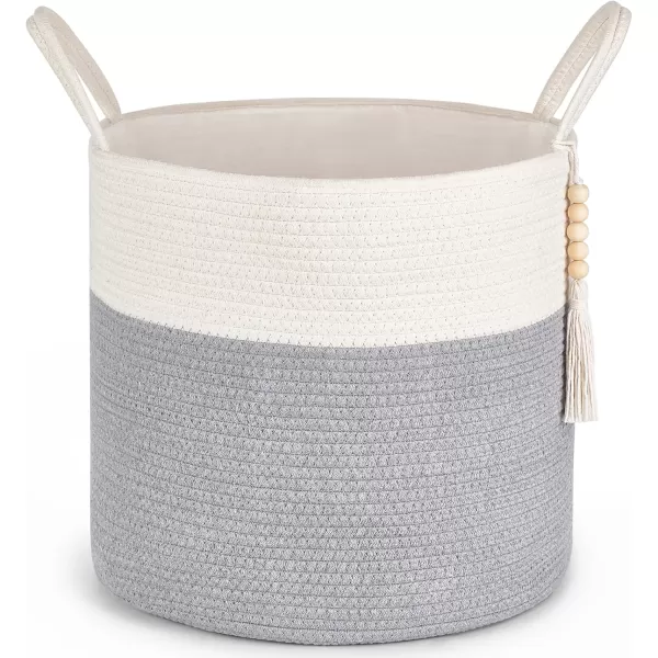 Mkono Woven Storage Basket Decorative Natural Rope Basket Wooden Bead Decoration for BlanketsToysClothesShoesPlant Organizer Bin with Handles Living Room Home Decor Jute 16quot W  138quotLGrey and White