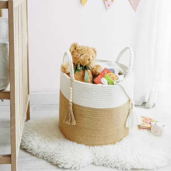 Mkono Woven Storage Basket Decorative Natural Rope Basket Wooden Bead Decoration for BlanketsToysClothesShoesPlant Organizer Bin with Handles Living Room Home Decor Jute 16quot W  138quotLWhite and Yellow