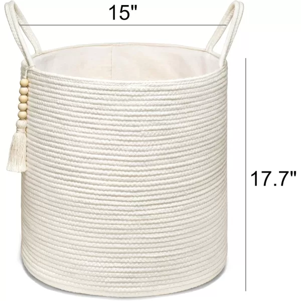 Mkono Woven Storage Basket Decorative Natural Rope Basket Wooden Bead Decoration for BlanketsToysClothesShoesPlant Organizer Bin with Handles Living Room Home Decor Jute 16quot W  138quotLWhite