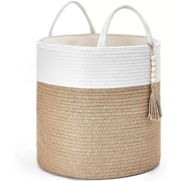 Mkono Woven Storage Basket Decorative Natural Rope Basket Wooden Bead Decoration for BlanketsToysClothesShoesPlant Organizer Bin with Handles Living Room Home Decor Jute 16quot W  138quotLWhite and Yellow