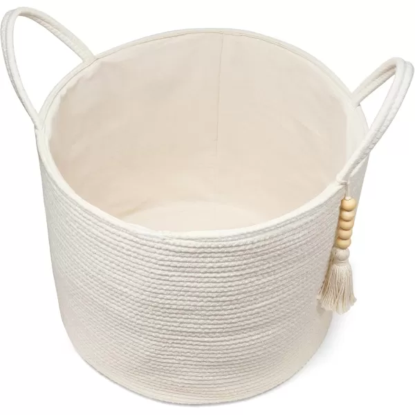 Mkono Woven Storage Basket Decorative Natural Rope Basket Wooden Bead Decoration for BlanketsToysClothesShoesPlant Organizer Bin with Handles Living Room Home Decor Jute 16quot W  138quotLWhite