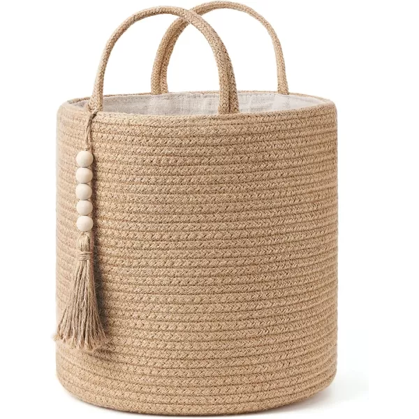 Mkono Woven Storage Basket Decorative Natural Rope Basket Wooden Bead Decoration for BlanketsToysClothesShoesPlant Organizer Bin with Handles Living Room Home Decor Jute 16quot W  138quotLBrown