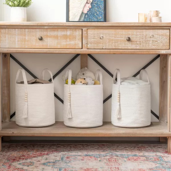 Mkono Woven Storage Basket Decorative Natural Rope Basket Wooden Bead Decoration for BlanketsToysClothesShoesPlant Organizer Bin with Handles Living Room Home Decor Jute 16quot W  138quotLWhite