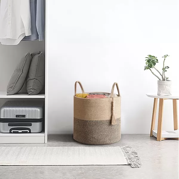 Mkono Woven Storage Basket Decorative Natural Rope Basket Wooden Bead Decoration for BlanketsToysClothesShoesPlant Organizer Bin with Handles Living Room Home Decor Jute 16quot W  138quotLYellow and Black