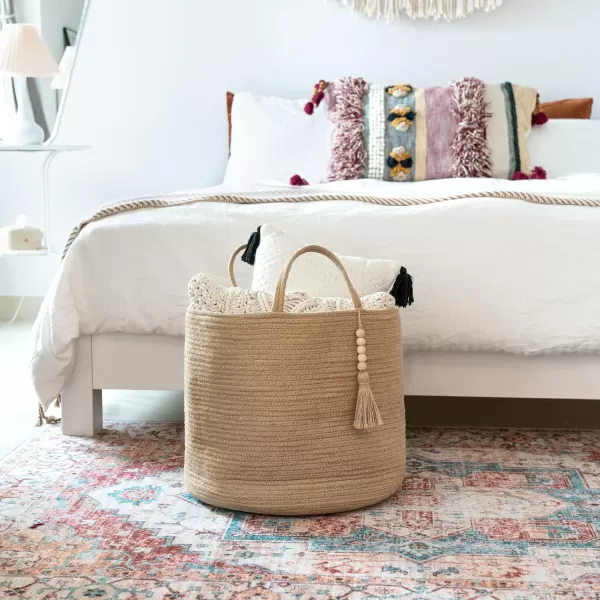Mkono Woven Storage Basket Decorative Natural Rope Basket Wooden Bead Decoration for BlanketsToysClothesShoesPlant Organizer Bin with Handles Living Room Home Decor Jute 16quot W  138quotLBrown