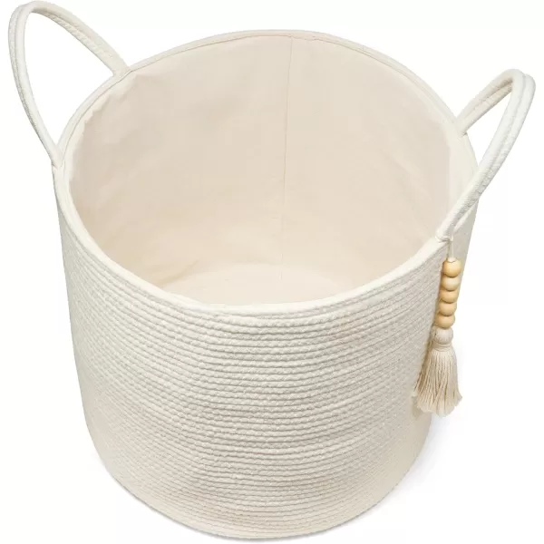 Mkono Woven Storage Basket Decorative Natural Rope Basket Wooden Bead Decoration for BlanketsToysClothesShoesPlant Organizer Bin with Handles Living Room Home Decor Jute 16quot W  138quotLWhite