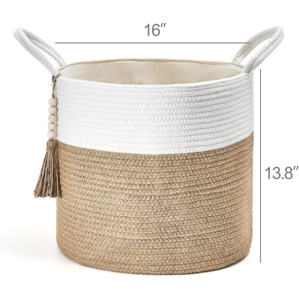 Mkono Woven Storage Basket Decorative Natural Rope Basket Wooden Bead Decoration for BlanketsToysClothesShoesPlant Organizer Bin with Handles Living Room Home Decor Jute 16quot W  138quotLWhite and Yellow