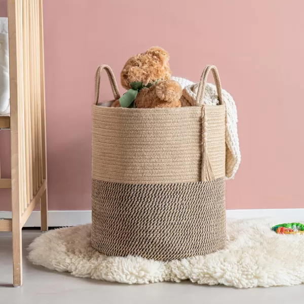 Mkono Woven Storage Basket Decorative Natural Rope Basket Wooden Bead Decoration for BlanketsToysClothesShoesPlant Organizer Bin with Handles Living Room Home Decor Jute 16quot W  138quotLYellow and Black